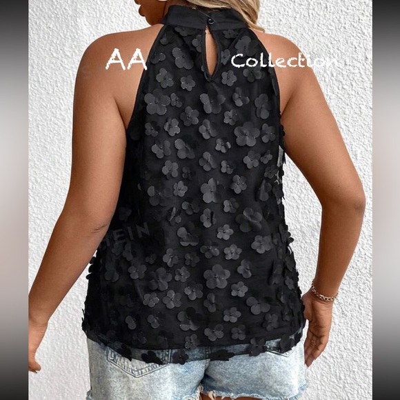 Boho Classic Elegant Floral Appliqué Halter Neck Tank Evening Top Blouse Black - Picture 2 of 2